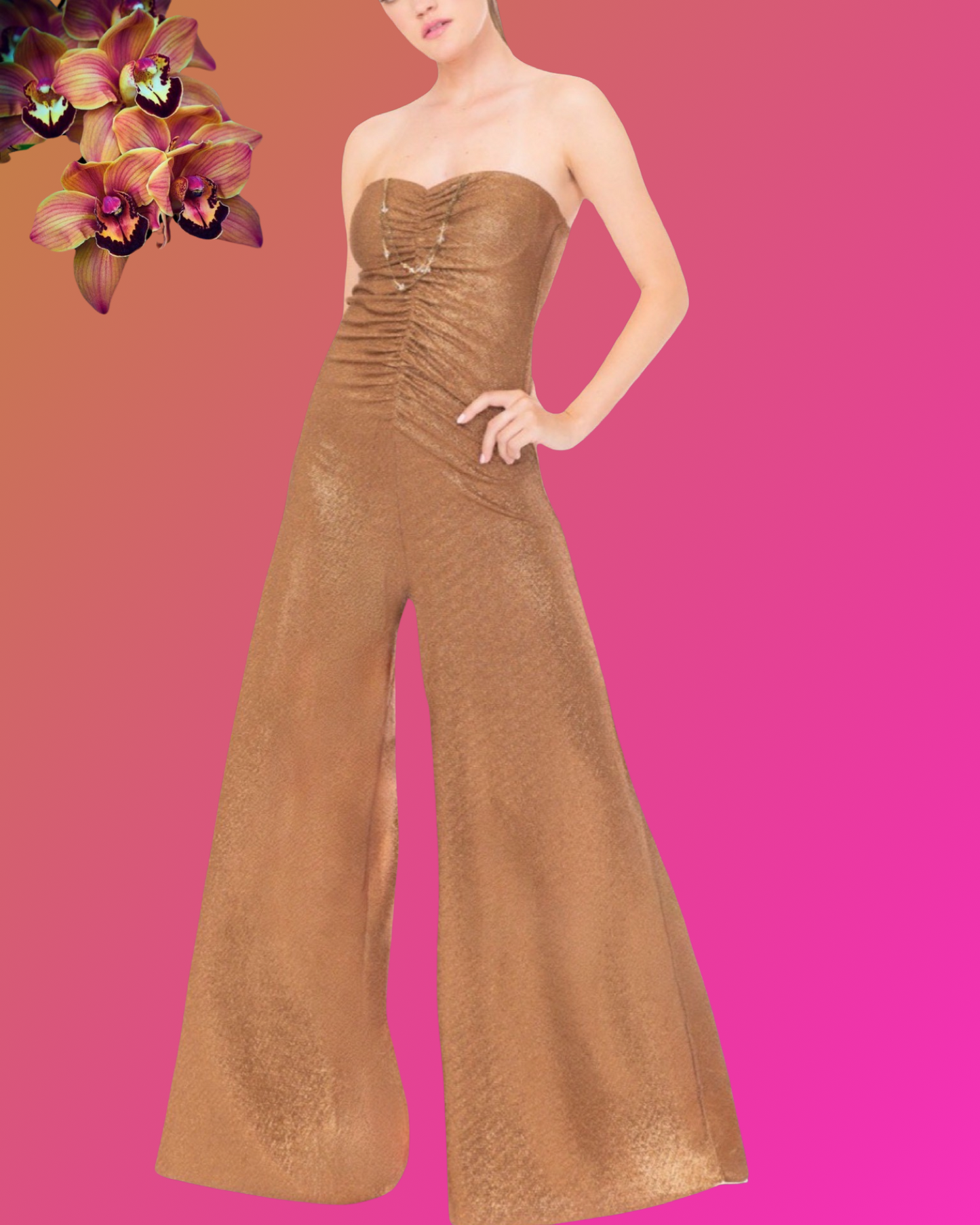 Tuta "Bronze Lamé " - Tuta Elegante Senza Spalline, Tessuto Bronzo Brillante, Pantaloni a Zampa
