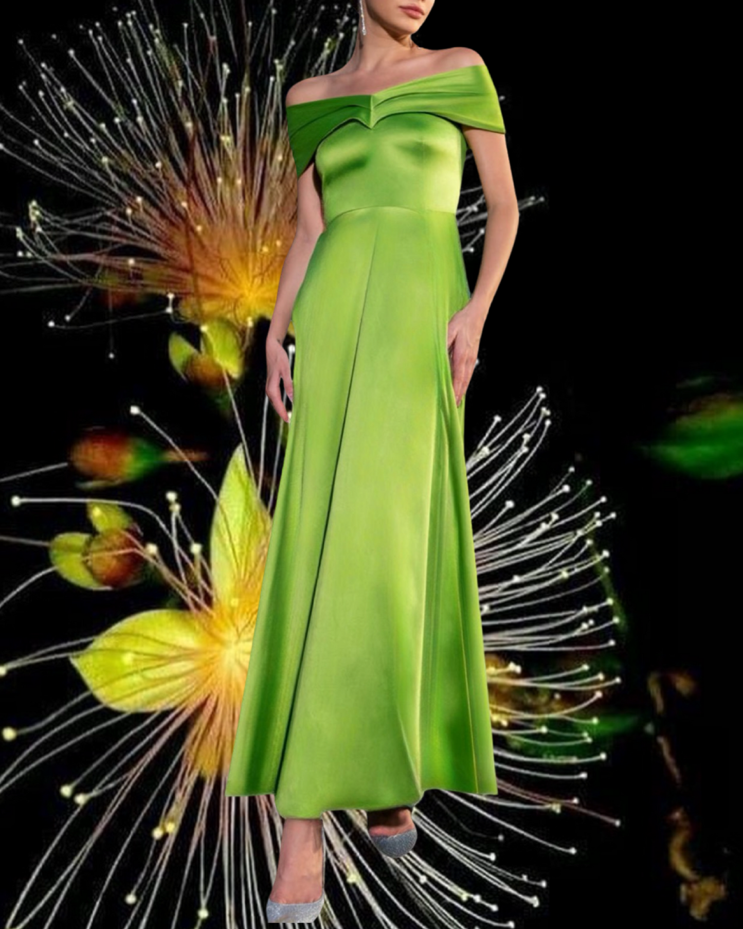 Abito "Gleaming Delight". Abito con corpetto, scollatura ampia e gonna larga.