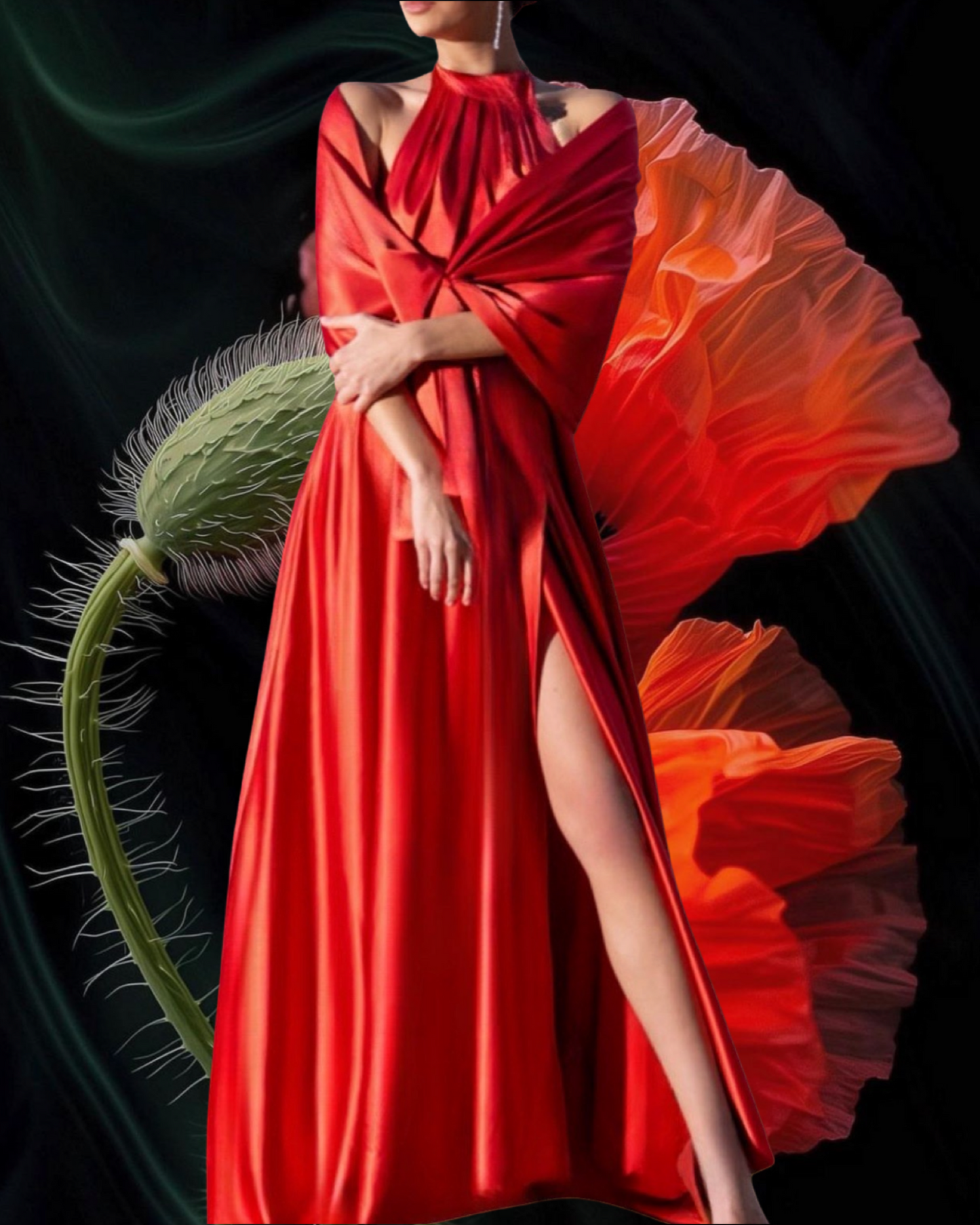 Abito "Scarlet Elegance". Abito lungo satinato con spacco alto e drappeggi, scollo all'americana