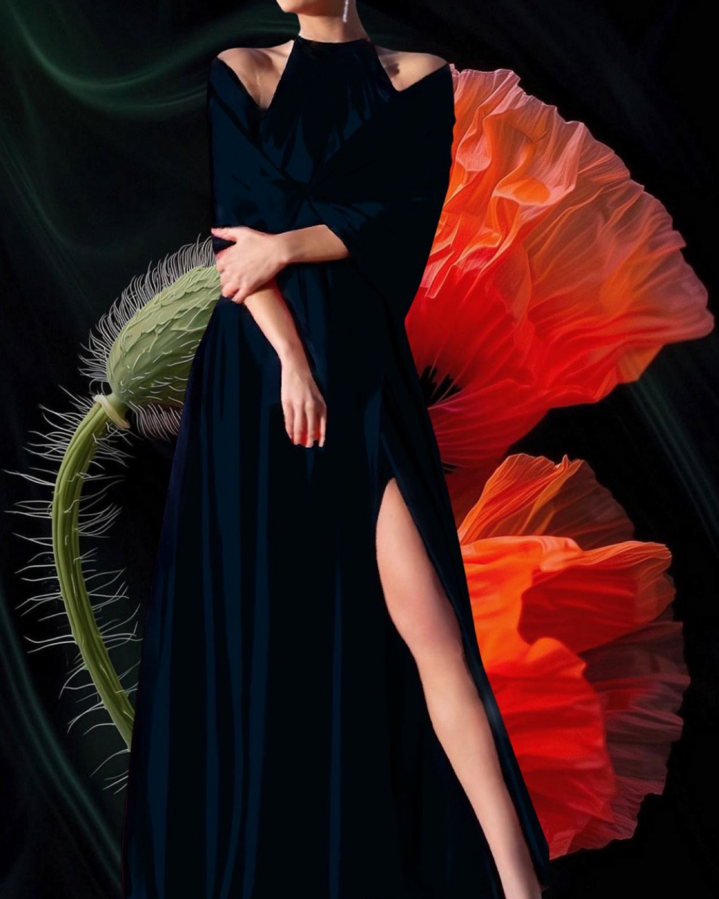 Abito "Scarlet Elegance". Abito lungo satinato con spacco alto e drappeggi, scollo all'americana