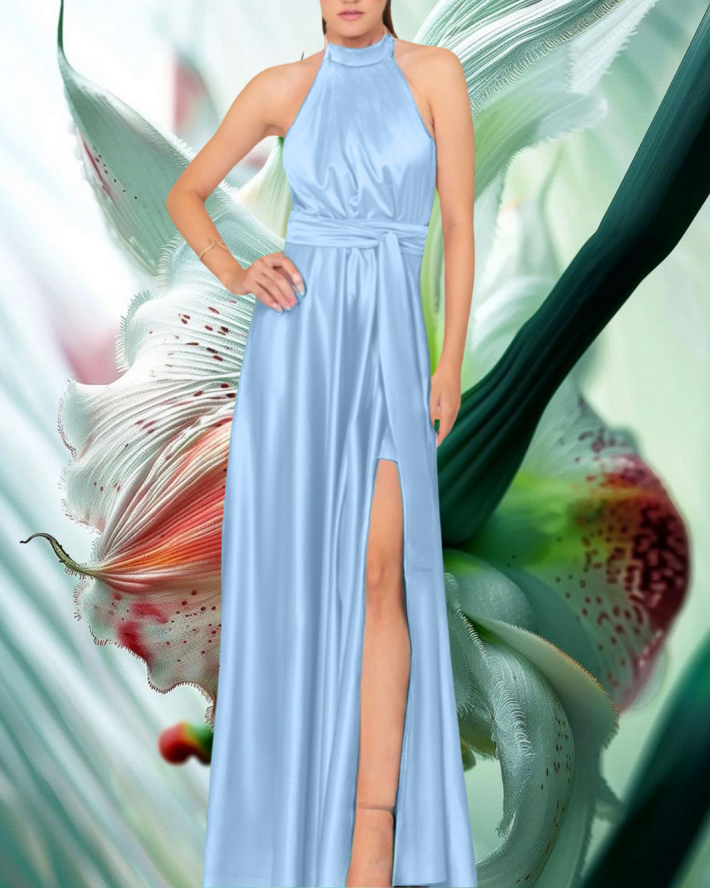 Abito "Dazzling Dream". Abito lungo satinato con spacco alto e drappeggi, scollo all'americana