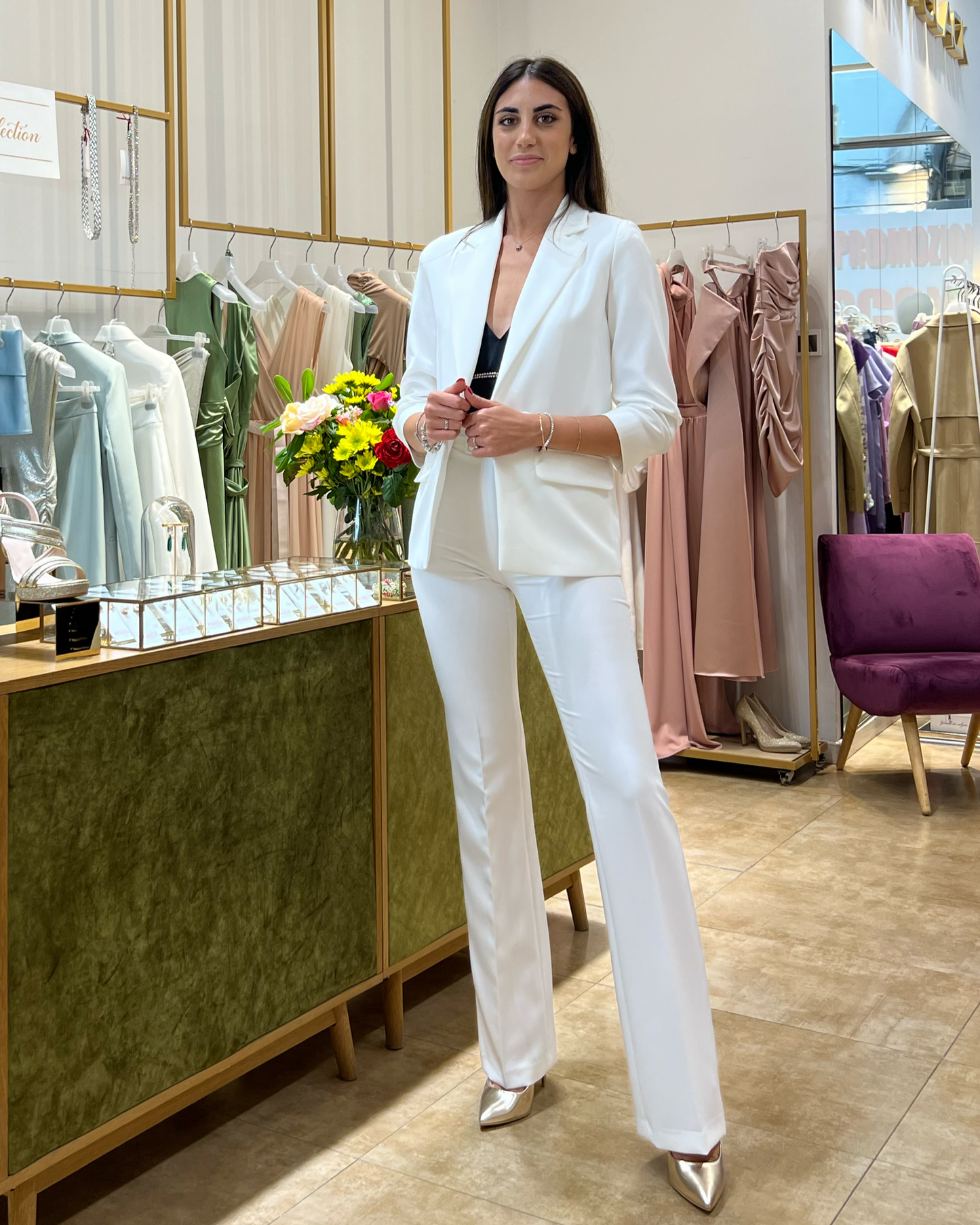 "Power & Grace" white suit jacket with trousers