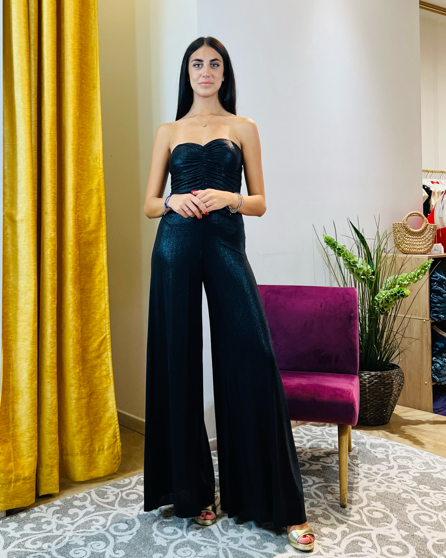 Tuta "Bronze Lamé " - Tuta Elegante Senza Spalline, Tessuto Bronzo Brillante, Pantaloni a Zampa