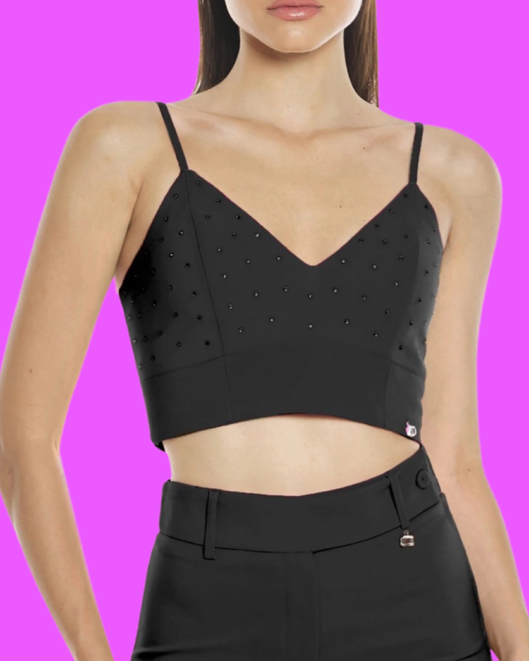 Top "Eclipse Charm". Top corto donna con bretelle sottili pancia scoperta ricoperto di strass