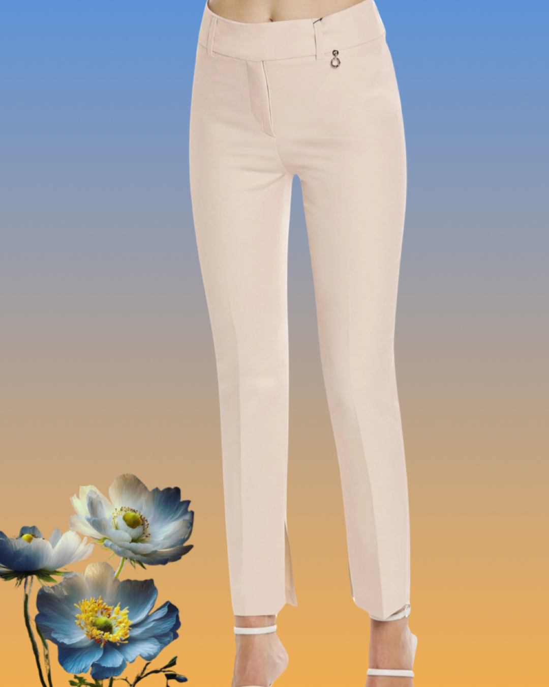 Pantalone "Cream Horizon". Pantaloni in eleganti basic in cady, gamba stretta dritta con spacco