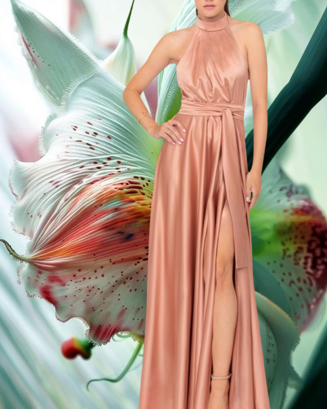 Abito "Dazzling Dream". Abito lungo satinato con spacco alto e drappeggi, scollo all'americana