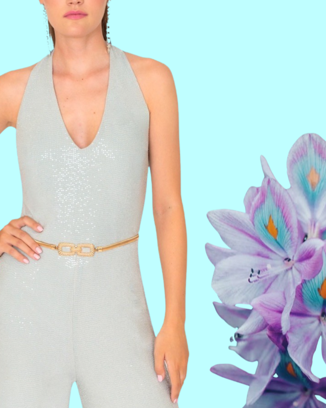 Tuta "Opalescent Glamour". Tuta intera senza maniche, con scollo a V profondo aderente sul busto, i pantaloni hanno un taglio ampio e fluido.