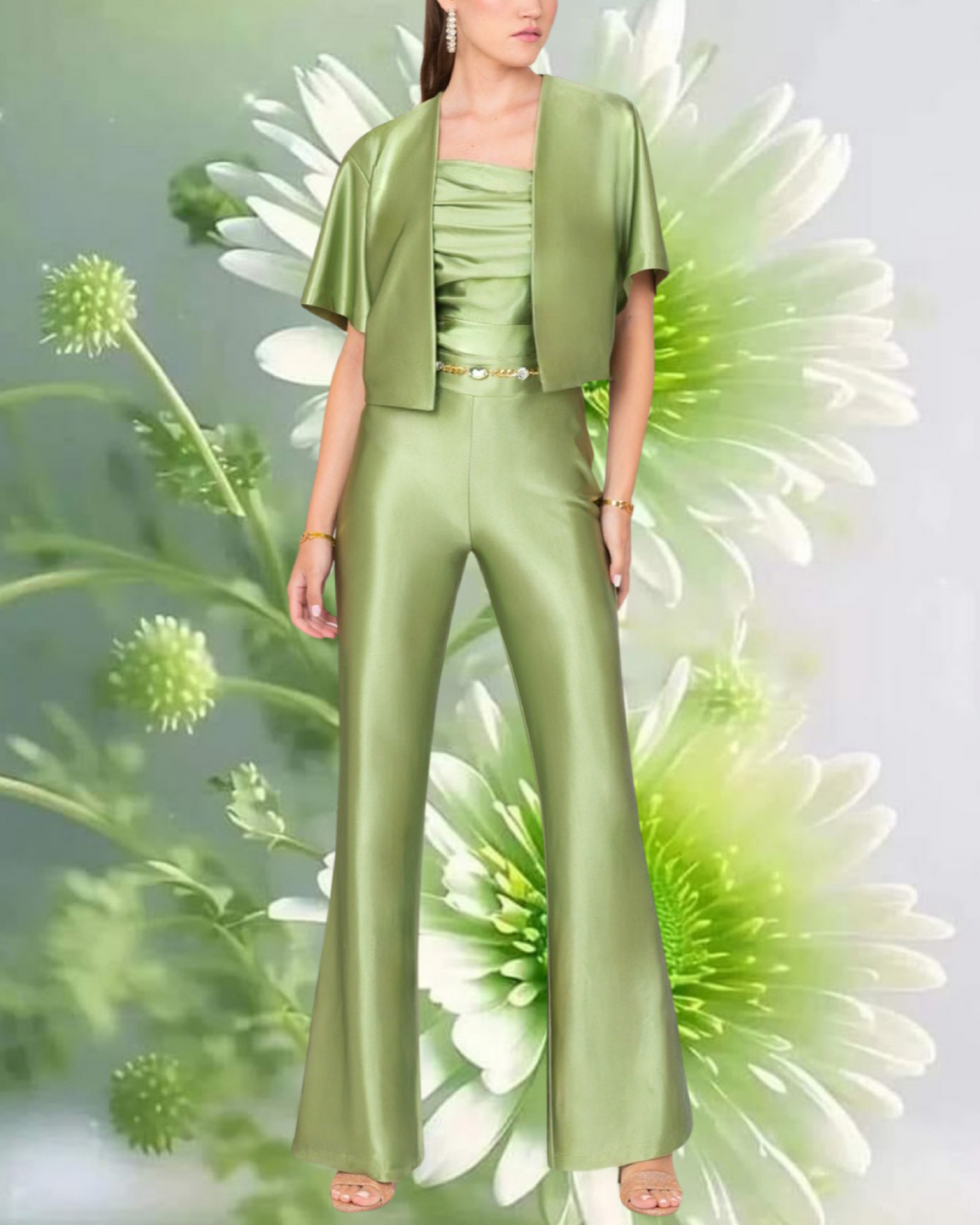 Tuta "Shimmering Whisper". Tuta elegante con top e pantaloni zampa, tessuto brillante verde salvia metallizzato