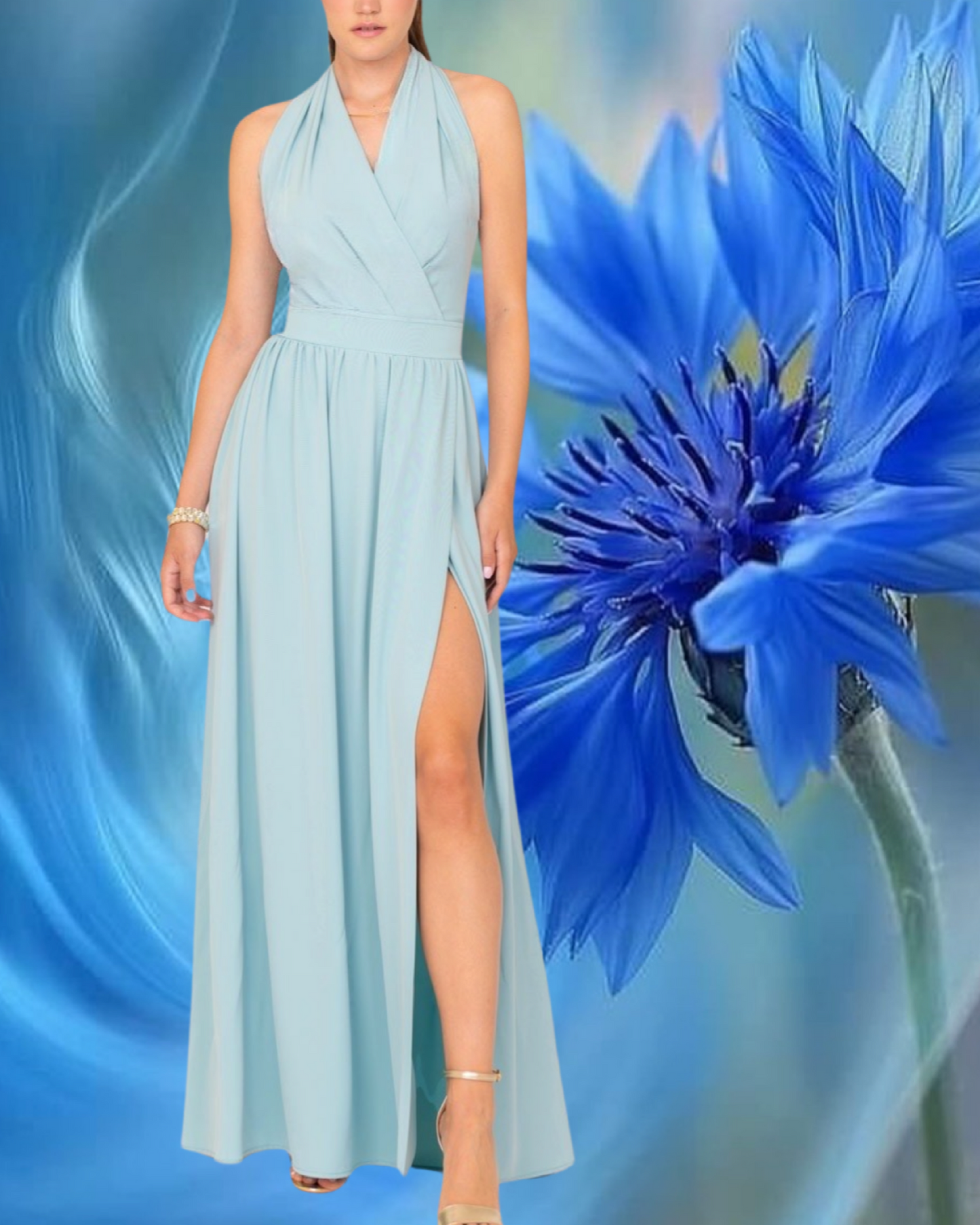 Abito "Sparkling Serenity". Abito lungo, con scollo a V e drappeggio in vita. Design senza maniche e gonna ampia e fluida.