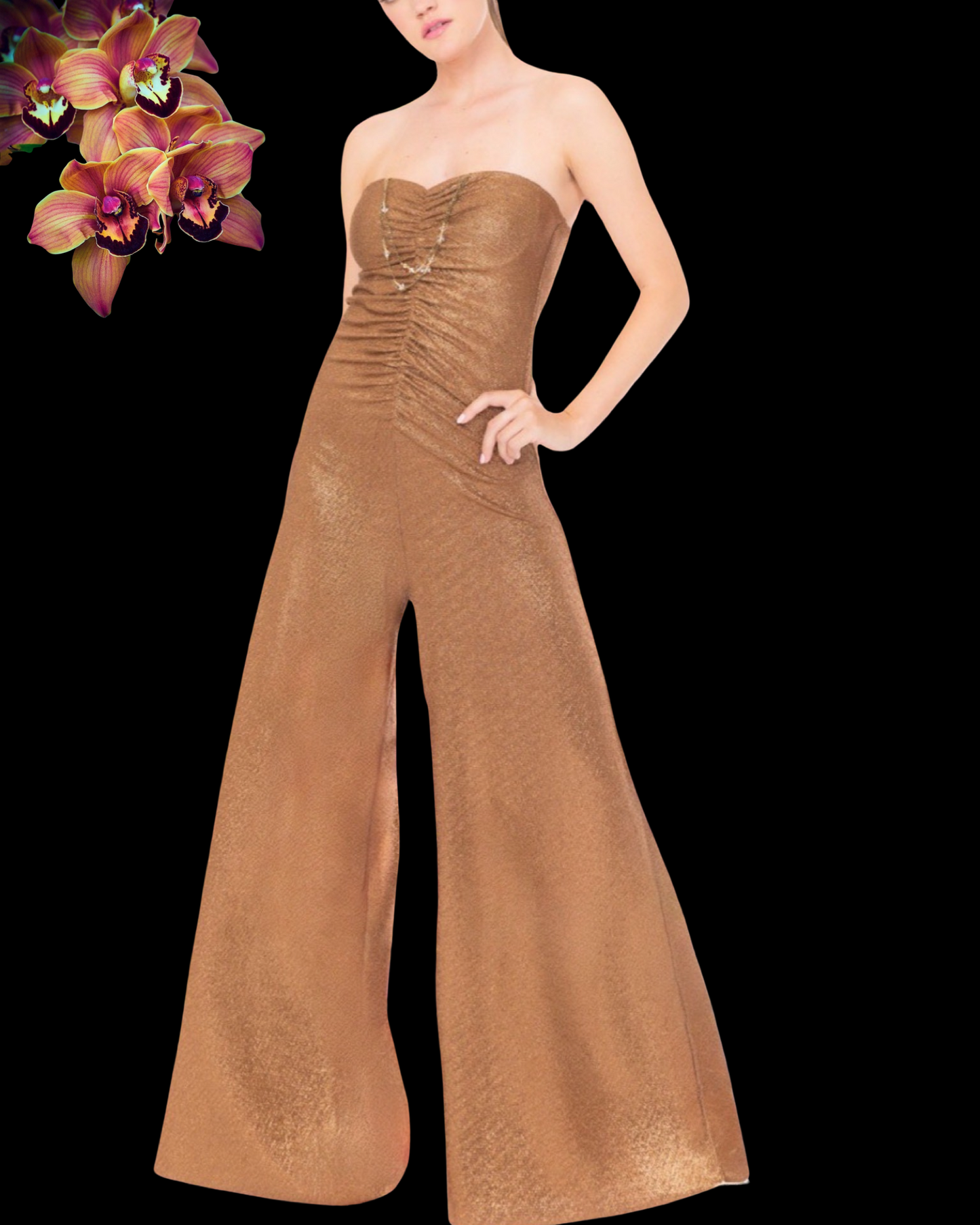 Tuta "Elegante Shimmer" - Tuta da Sera Senza Spalline, Pantaloni a Zampa, Tessuto Luminescente