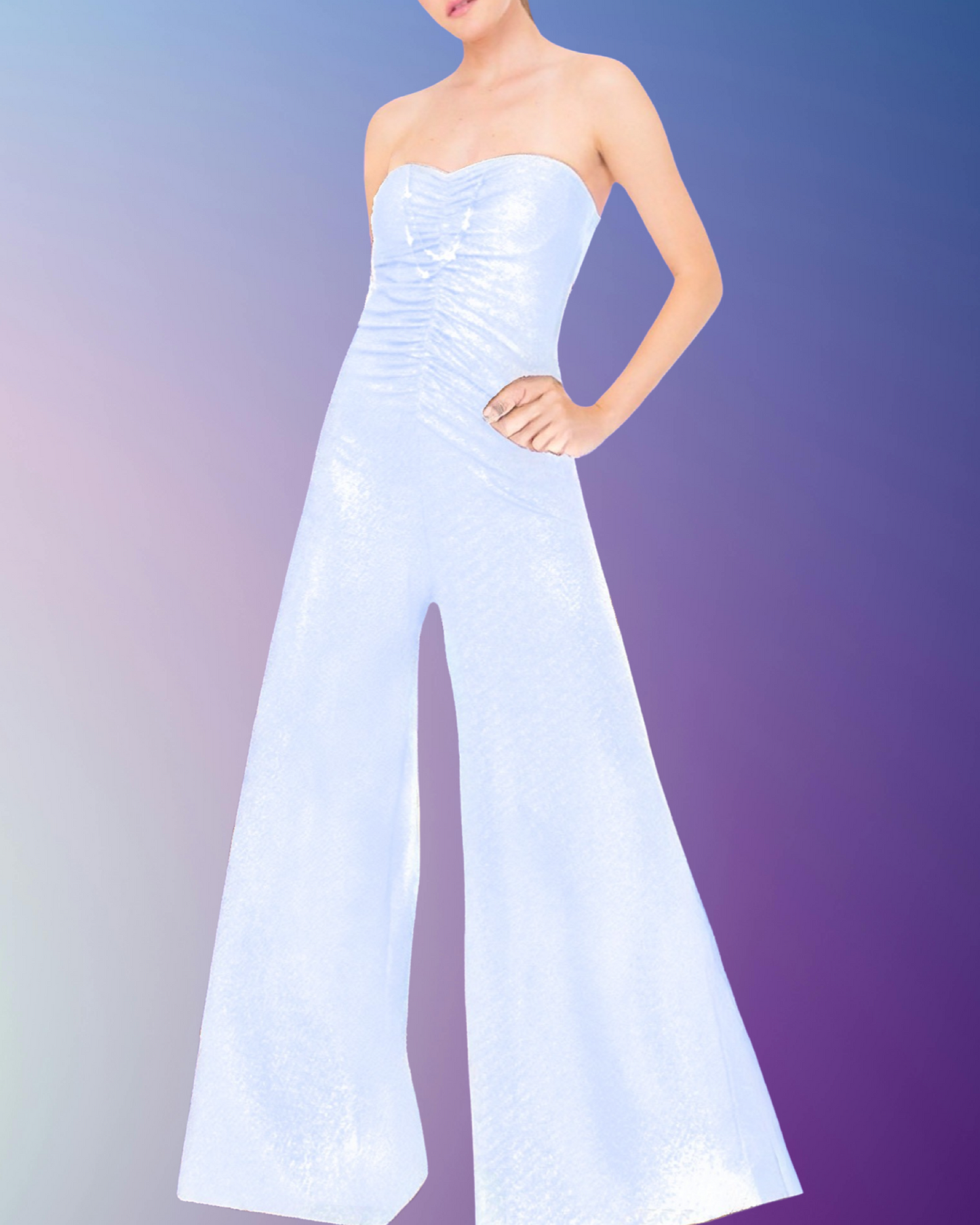 Tuta "Elegante Shimmer" - Tuta da Sera Senza Spalline, Pantaloni a Zampa, Tessuto Luminescente