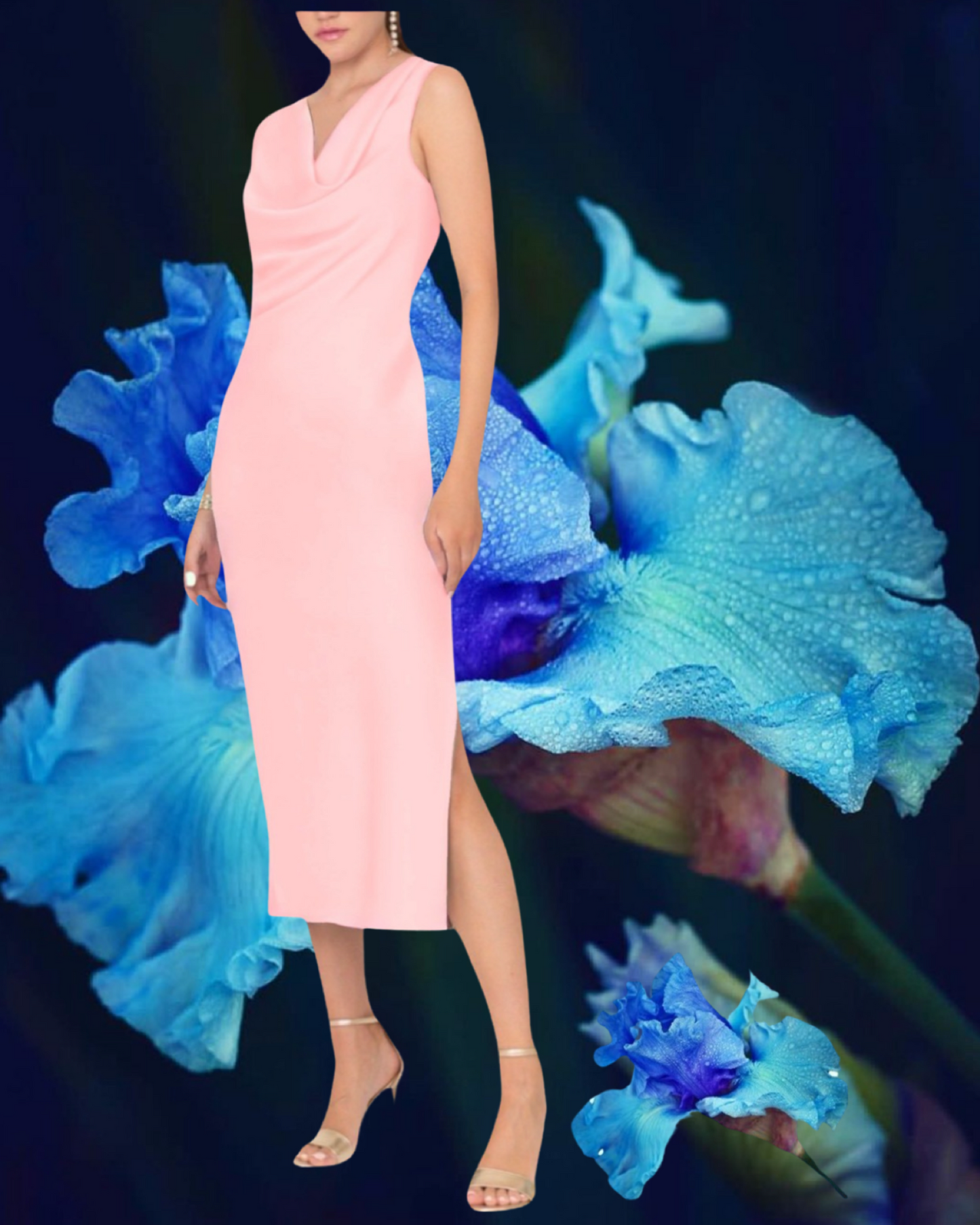 Abito "Blush Whisper". Abito lunghette in tessuto fluido con scollo drappeggiato d'avanti e scollatura profonda sul dietro