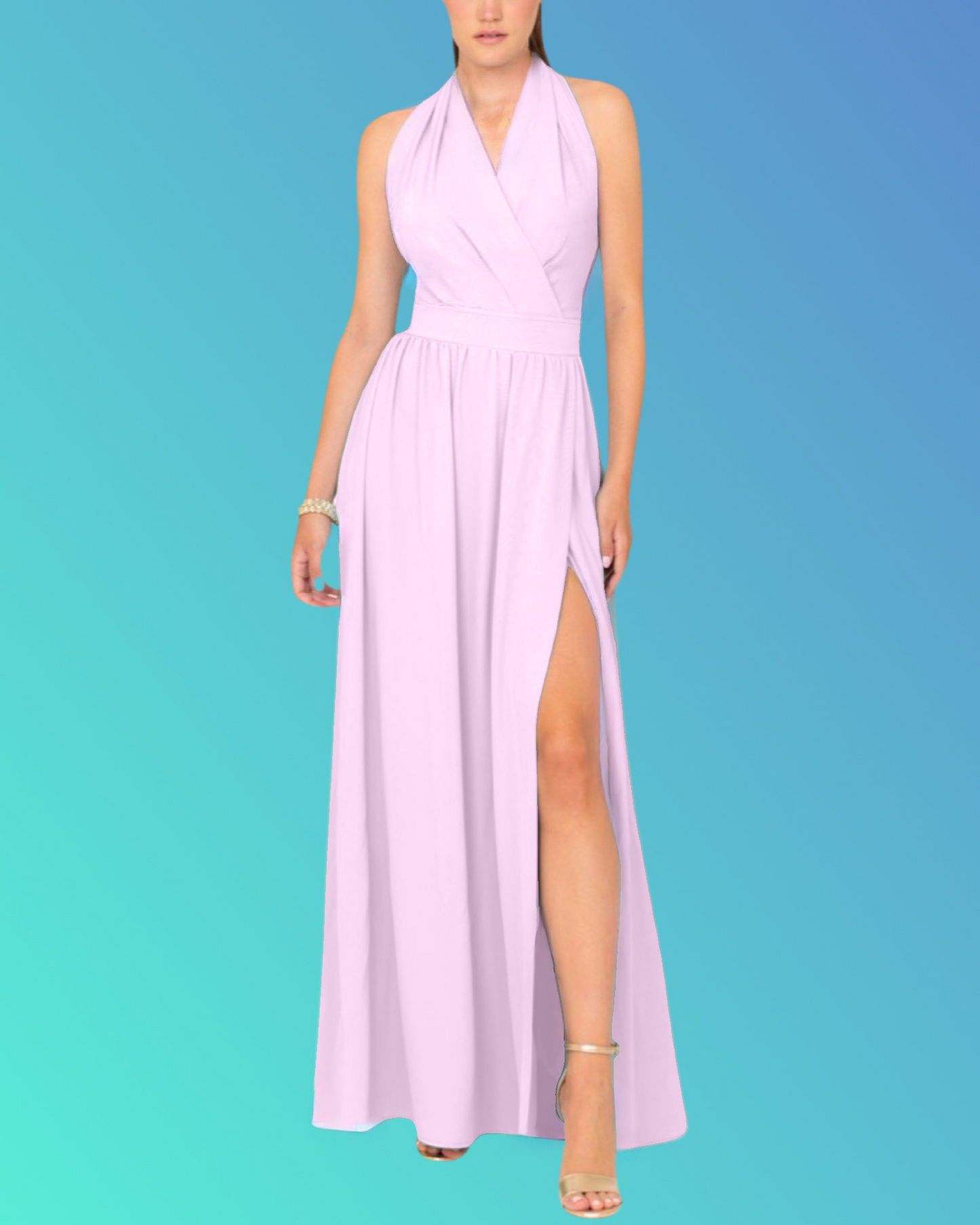 Abito "Dawn Rose". Abito lungo rosa, con scollo a V e drappeggio in vita. Design senza maniche e gonna ampia e fluida.