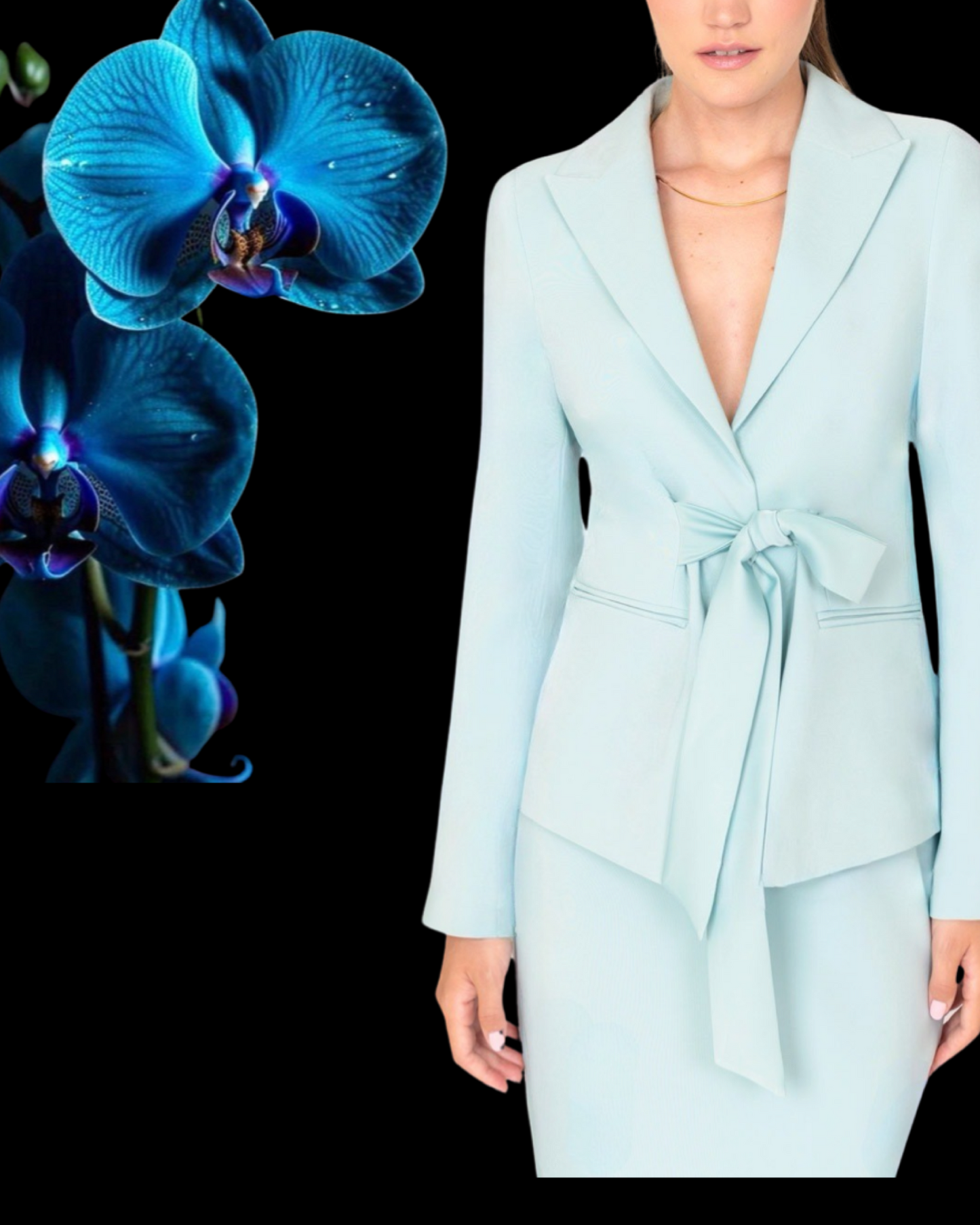 Tailleur "Icy Glow". Tailleur celeste pastello con blazer corto annodato con cintura e pantaloni larghi
