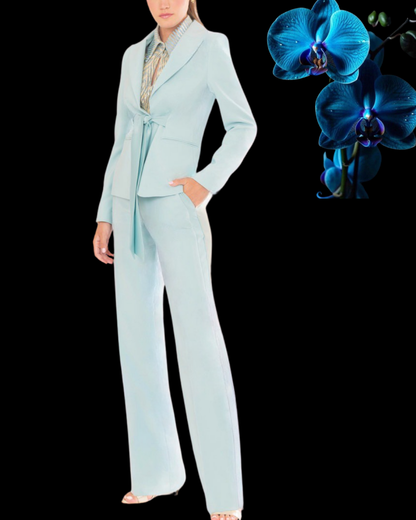 Tailleur "Icy Glow". Tailleur celeste pastello con blazer corto annodato con cintura e pantaloni larghi