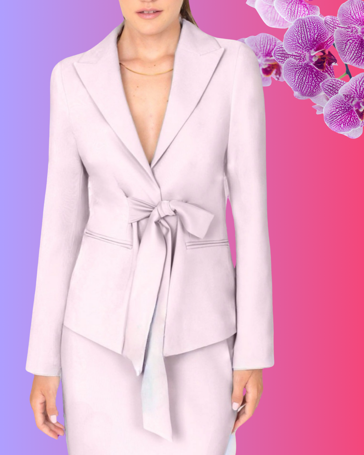 Tailleur "Icy Glow". Tailleur celeste pastello con blazer corto annodato con cintura e pantaloni larghi