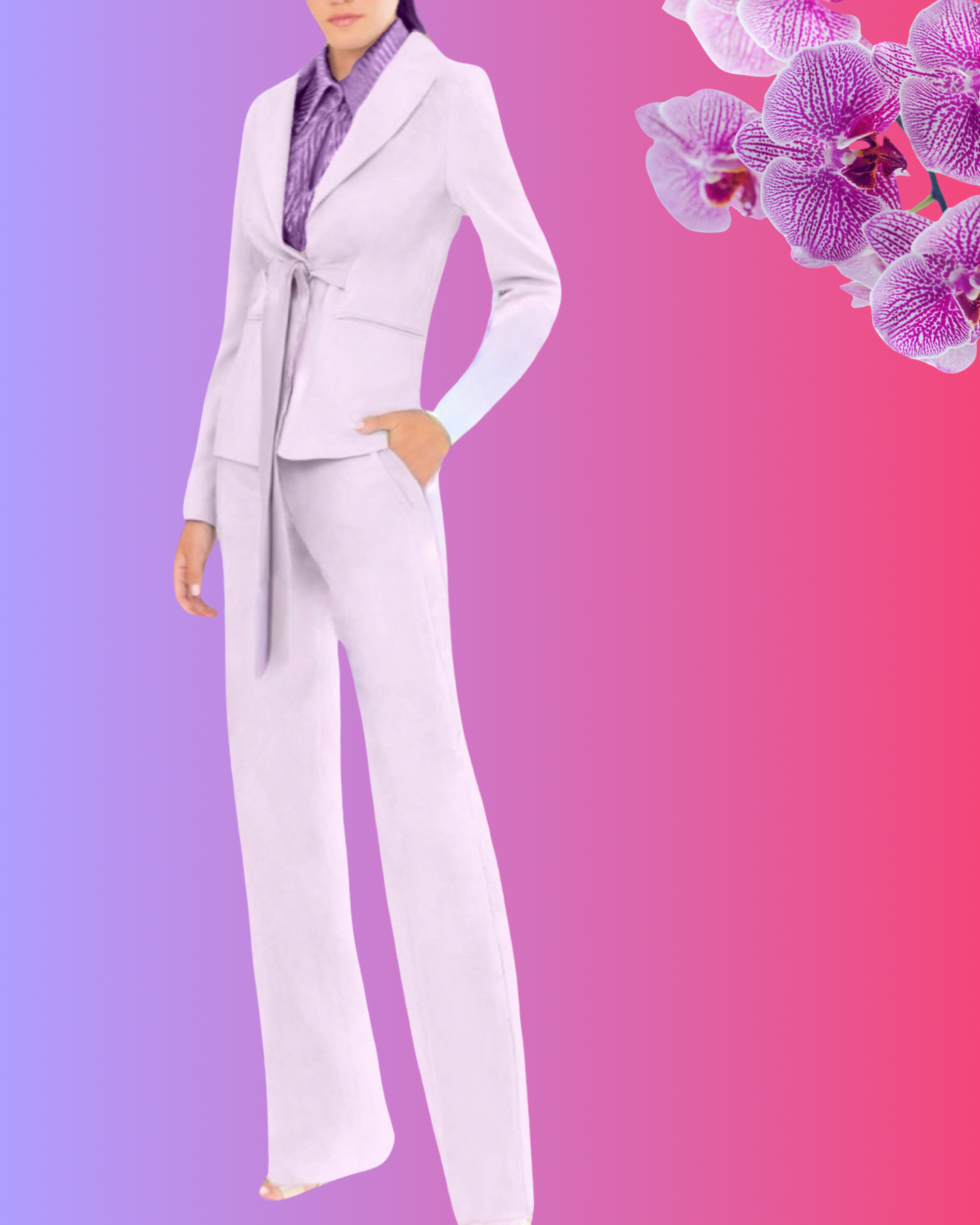 Tailleur "Icy Glow". Tailleur celeste pastello con blazer corto annodato con cintura e pantaloni larghi
