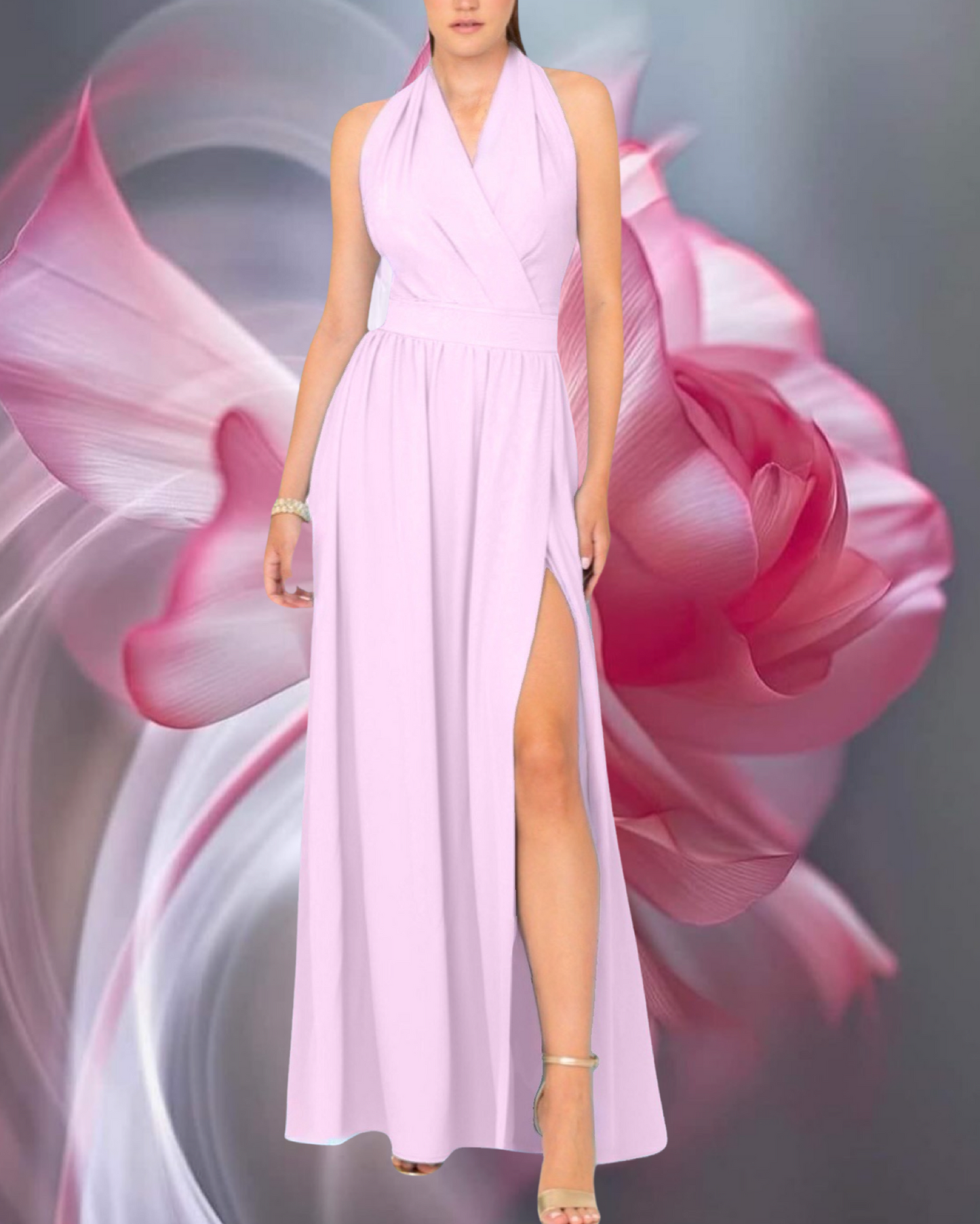 Abito "Dawn Rose". Abito lungo rosa, con scollo a V e drappeggio in vita. Design senza maniche e gonna ampia e fluida.