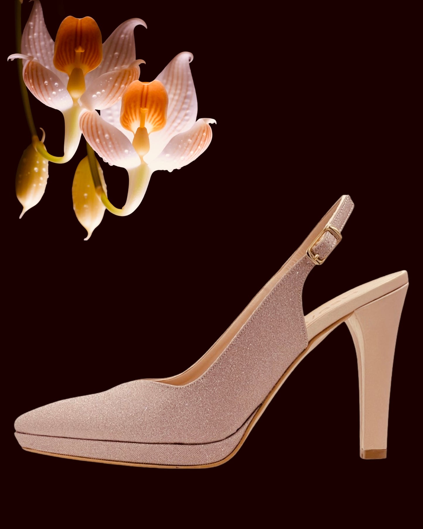 Scarpe "Petal Gleam". Scarpe eleganti in pelle e lamè colore nudo, da cerimonia o da festa con platform e tacco alto.