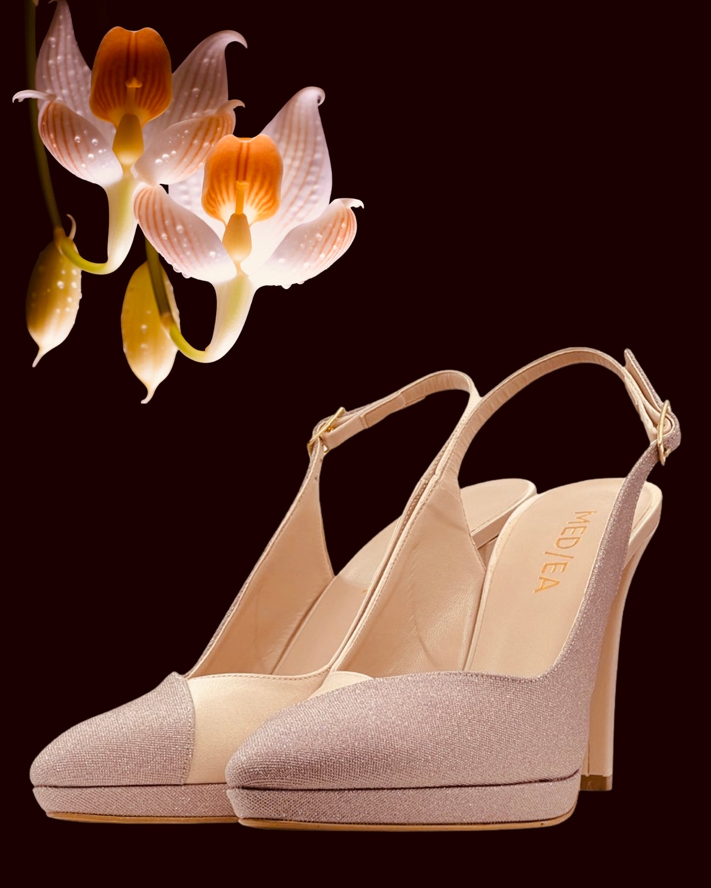 Scarpe "Petal Gleam". Scarpe eleganti in pelle e lamè colore nudo, da cerimonia o da festa con platform e tacco alto.