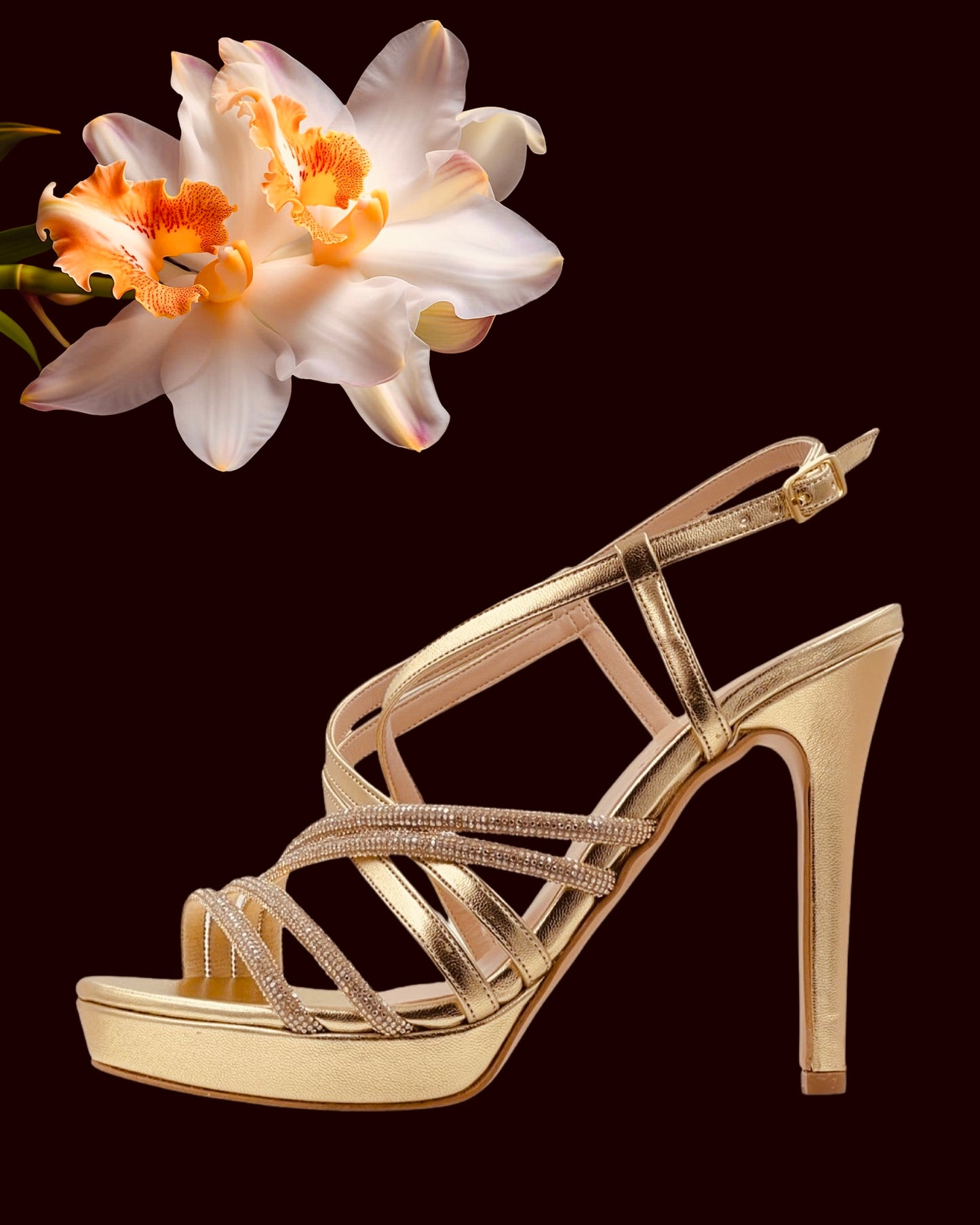 Sandalo "Sunlit Elegance". Sandali eleganti in pelle oro, da cerimonia o da festa con platform e tacco alto.