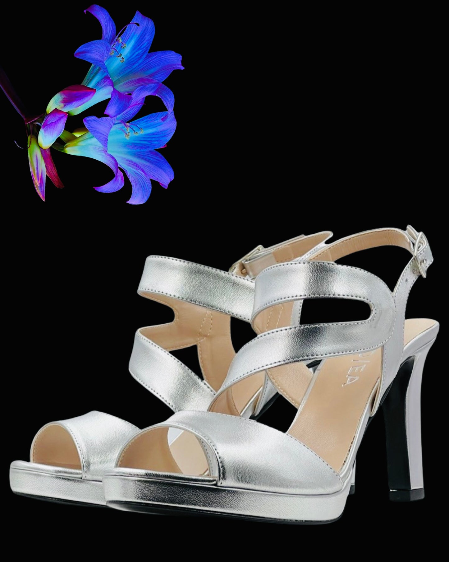 Sandalo "Moonlight Magic". Sandali eleganti in pelle argento, da cerimonia o da festa con platform e tacco alto.