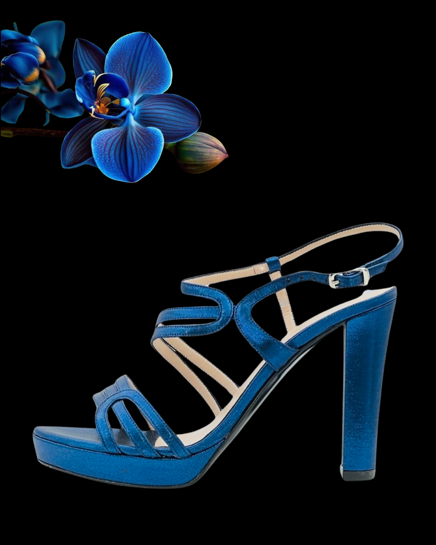 Sandalo "Celestial Chic". Sandali eleganti in pelle e lamè blu, da cerimonia o da festa con platform e tacco alto.