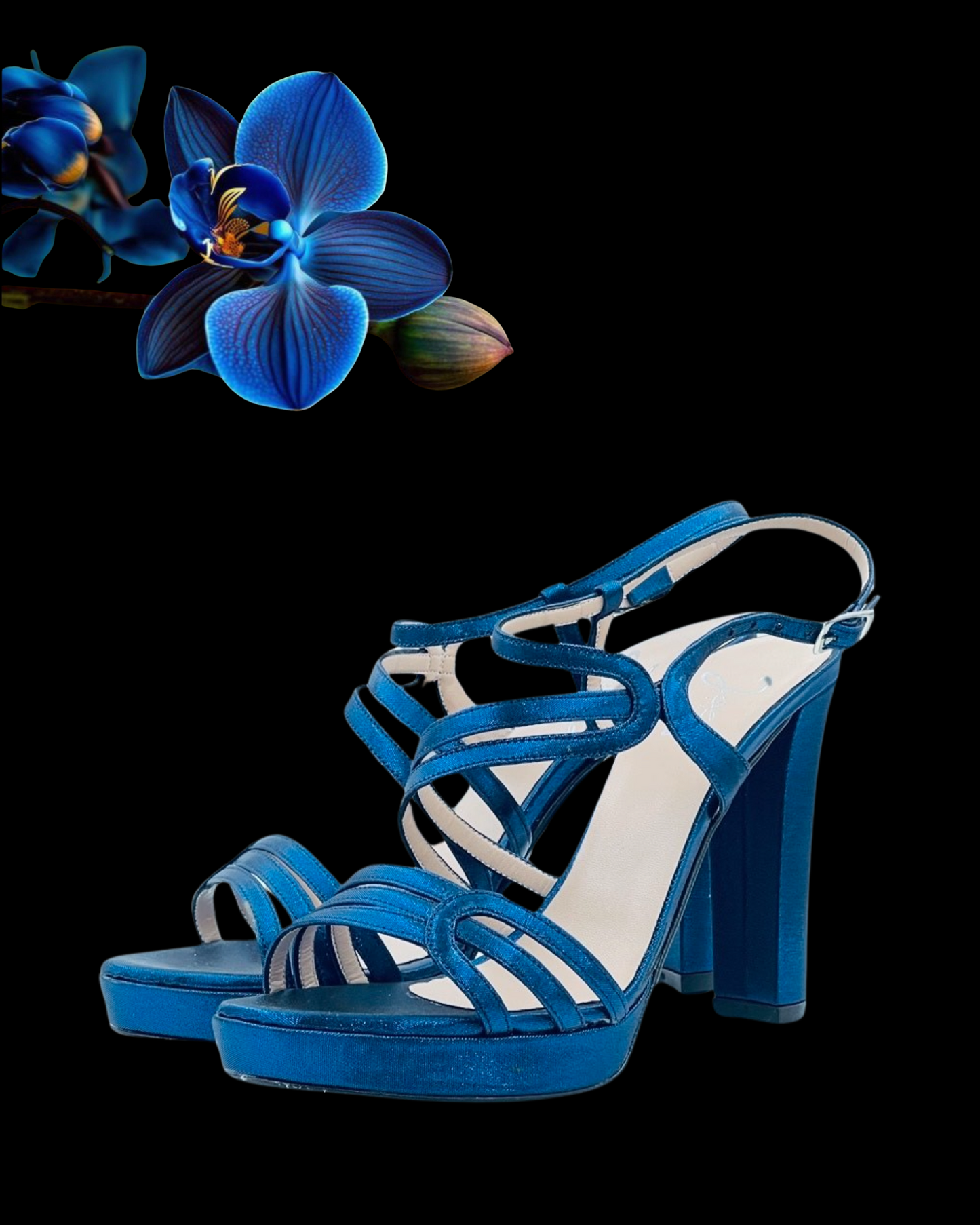Sandalo "Celestial Chic". Sandali eleganti in pelle e lamè blu, da cerimonia o da festa con platform e tacco alto.