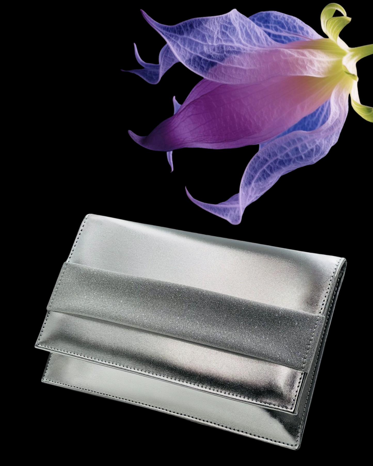 Borsa "Silver Moonlight". Borsetta a mano in pelle argento elegante, forma rettangolare con catenina
