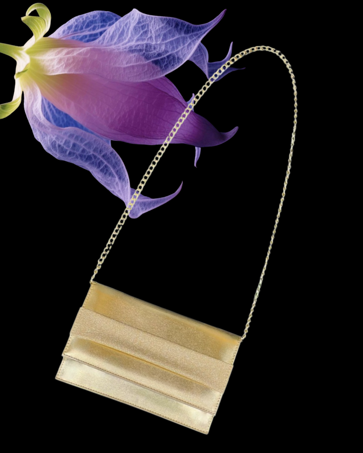 Borsa "Golden Mirage". Borsetta a mano in pelle oro elegante, forma rettangolare con catenina