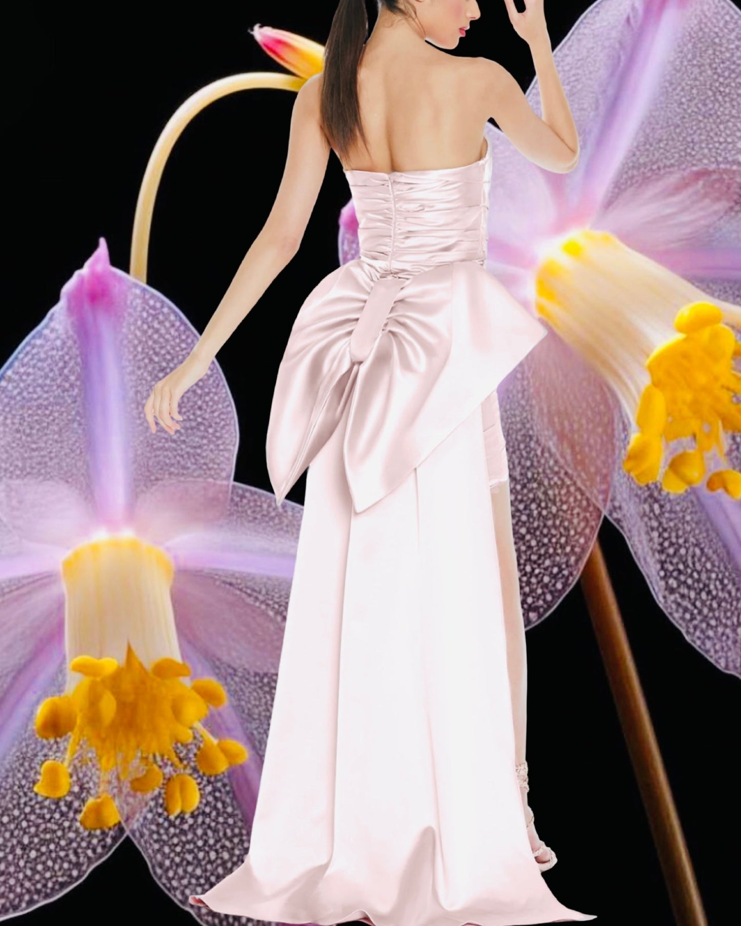 Abito "Luminous Dream". Abito a tubino bianco in satin senza spalline, con strascico.