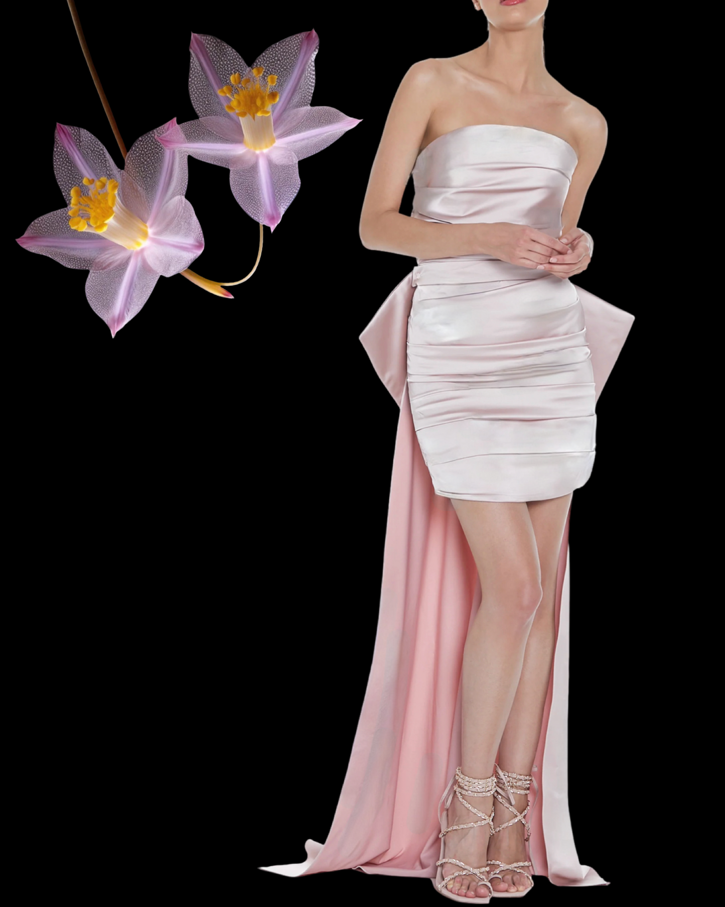 Abito "Venus Noir". Abito a tubino bianco in satin senza spalline, con strascico.