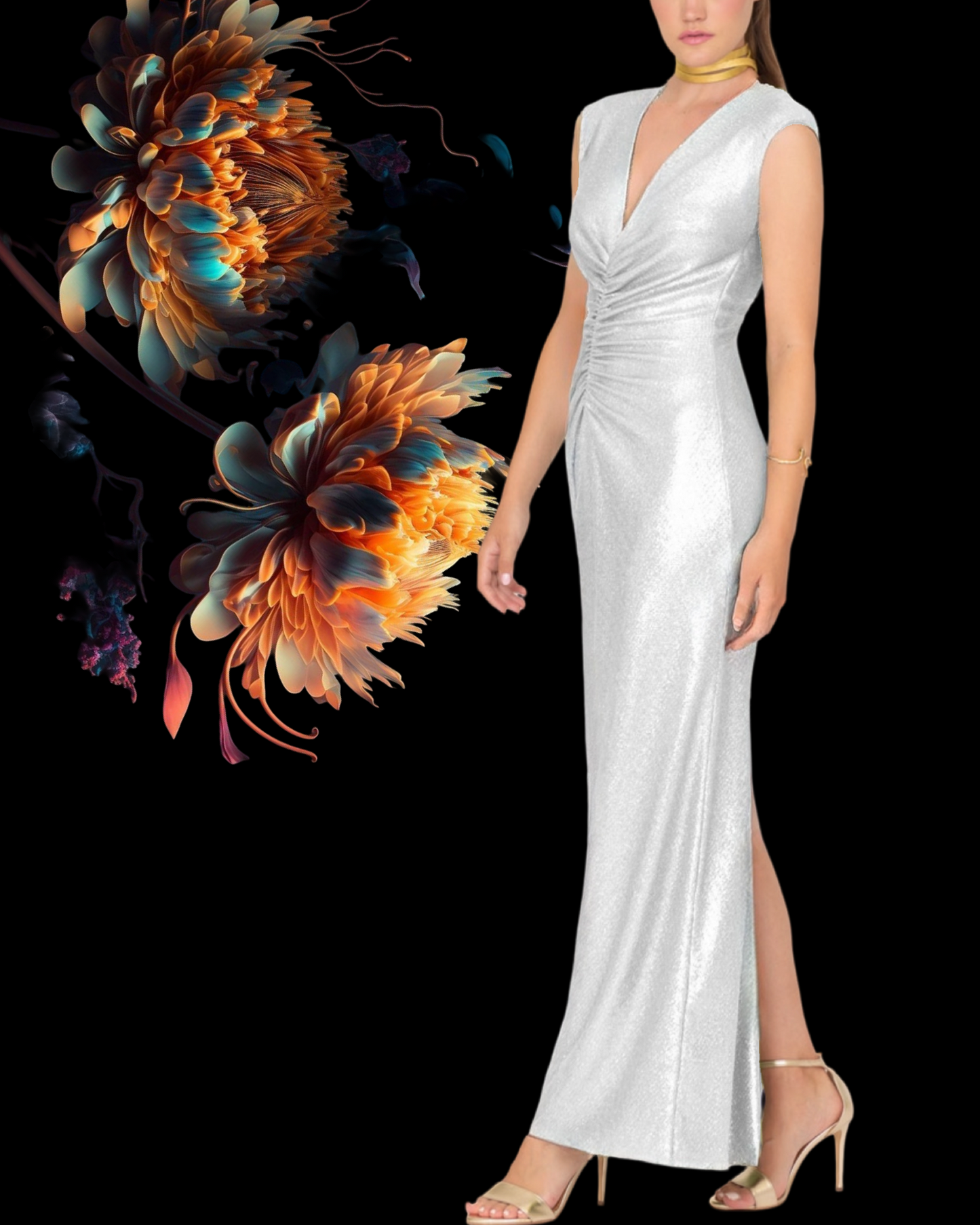 Abito "Shimmering Radiance". Abito lungo stretto,con scollo a V e spacco laterale