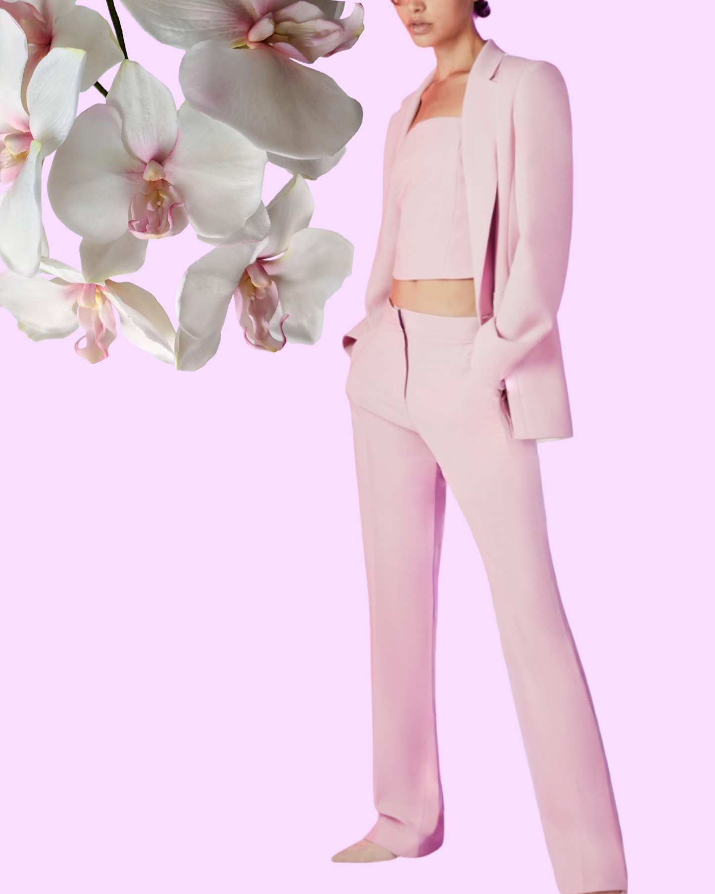 "Rosy Charm" suit. Pastel pink women's suit with blazer and high-waisted straight-leg trousers.