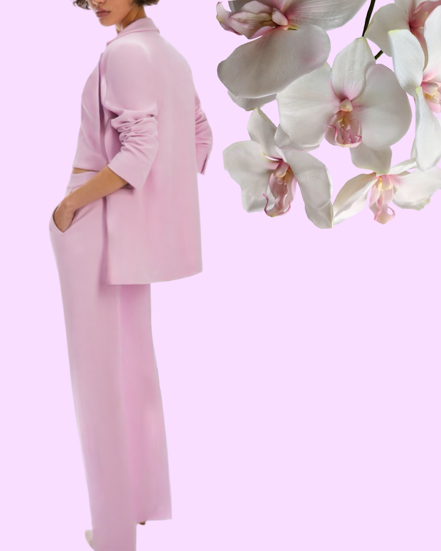 "Rosy Charm" suit. Pastel pink women's suit with blazer and high-waisted straight-leg trousers.